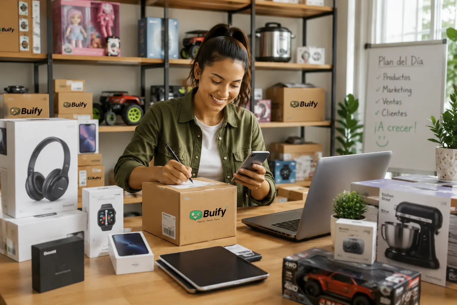 Emprendedora gestionando productos importados con Buify